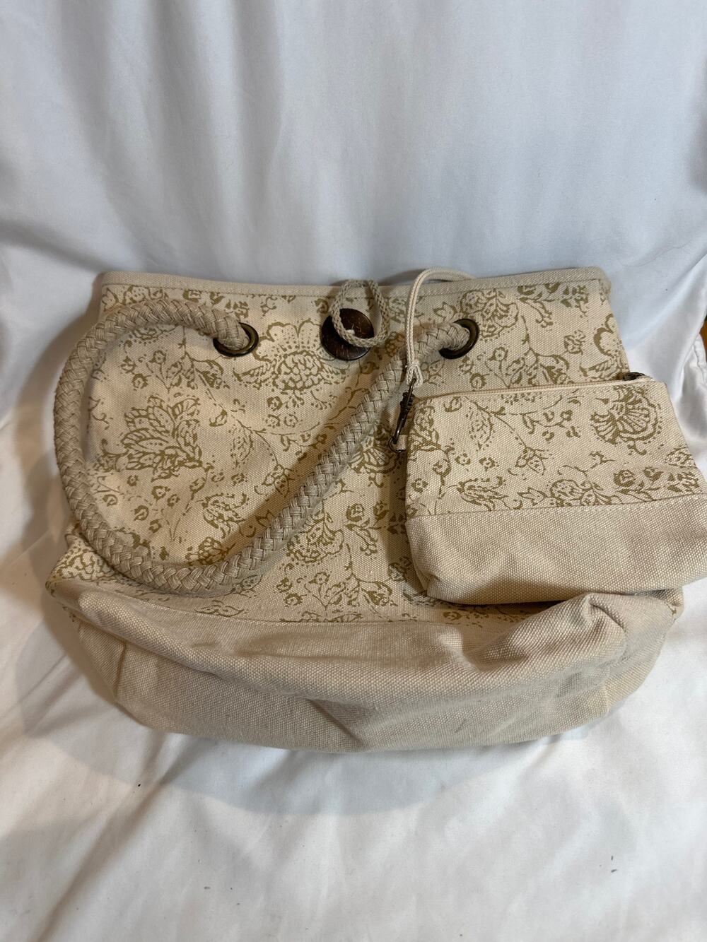 Cream Floral Canvas Tote & Matching  Pouch